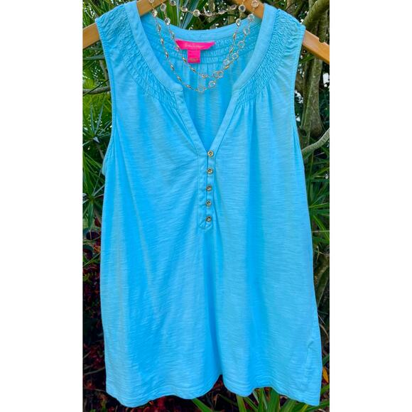 Lilly Pulitzer Essie Aqua Blue Sleeveless Henley Top Sz M - Picture 5 of 5